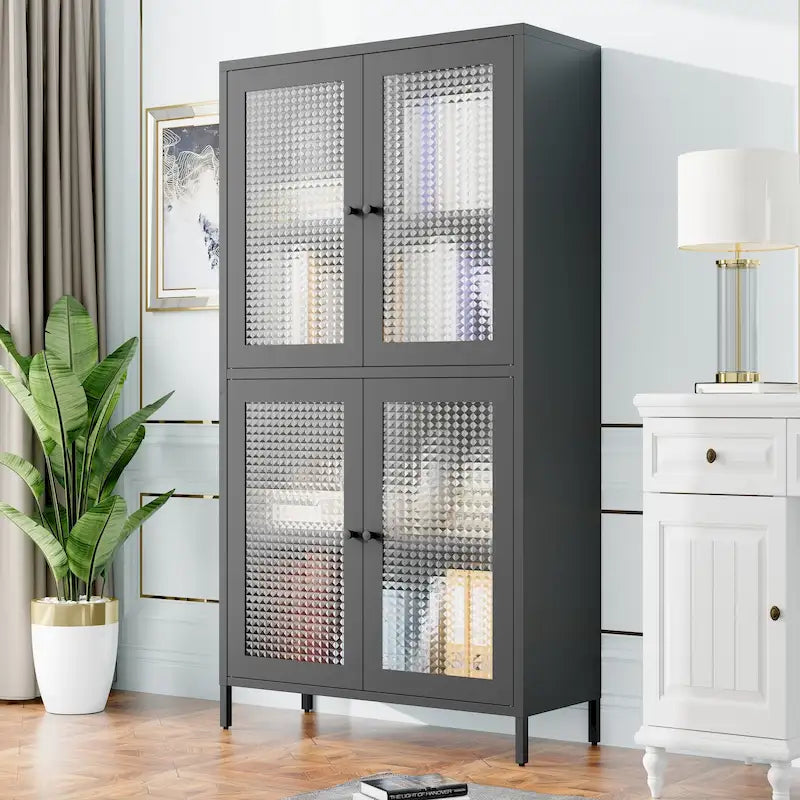 Klassischer Metallschrank, Vitrinenschrank mit 4 Glastüren und 4 Einlegeböden, Bücherschrank, Seitenschrank