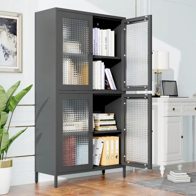 Klassischer Metallschrank, Vitrinenschrank mit 4 Glastüren und 4 Einlegeböden, Bücherschrank, Seitenschrank