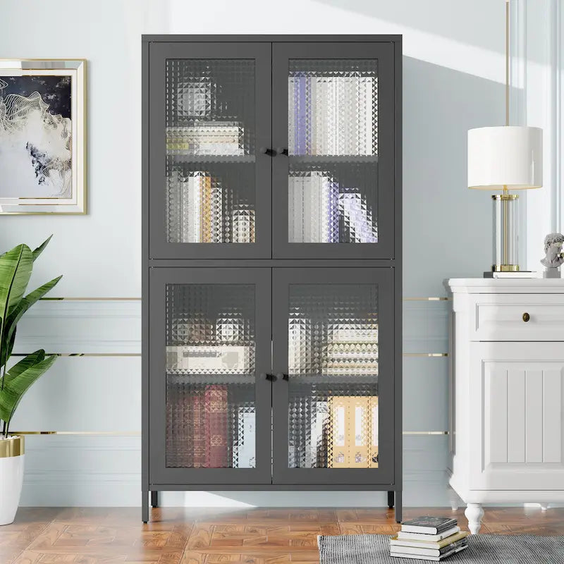 Klassischer Metallschrank, Vitrinenschrank mit 4 Glastüren und 4 Einlegeböden, Bücherschrank, Seitenschrank