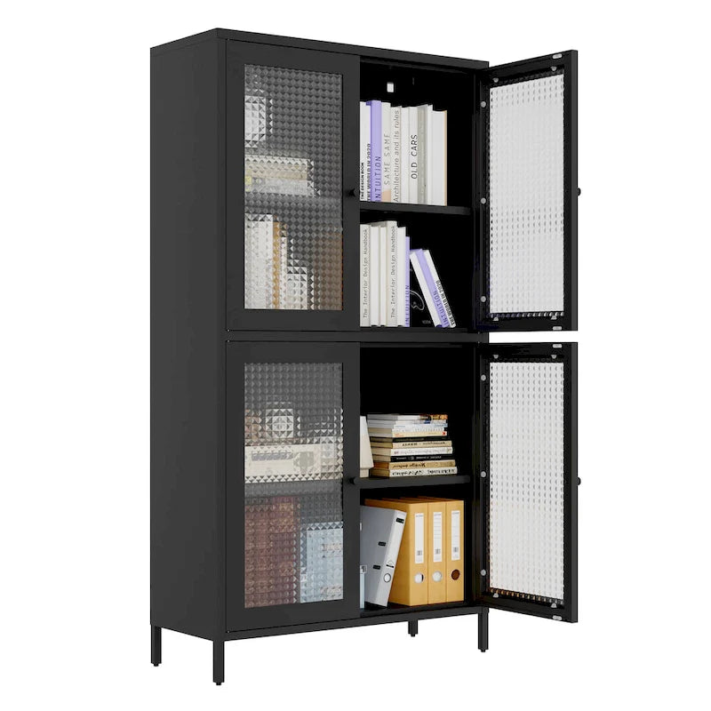 Klassischer Metallschrank, Vitrinenschrank mit 4 Glastüren und 4 Einlegeböden, Bücherschrank, Seitenschrank