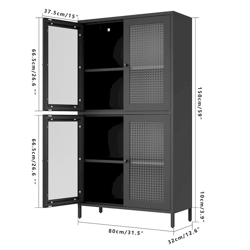 Klassischer Metallschrank, Vitrinenschrank mit 4 Glastüren und 4 Einlegeböden, Bücherschrank, Seitenschrank