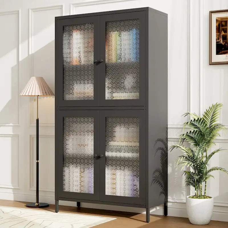 Klassischer Metallschrank, Vitrinenschrank mit 4 Glastüren und 4 Einlegeböden, Bücherschrank, Seitenschrank