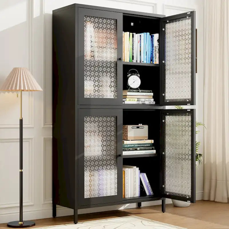 Klassischer Metallschrank, Vitrinenschrank mit 4 Glastüren und 4 Einlegeböden, Bücherschrank, Seitenschrank