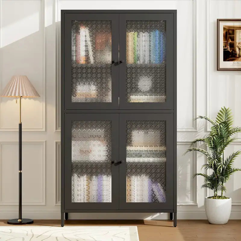 Klassischer Metallschrank, Vitrinenschrank mit 4 Glastüren und 4 Einlegeböden, Bücherschrank, Seitenschrank