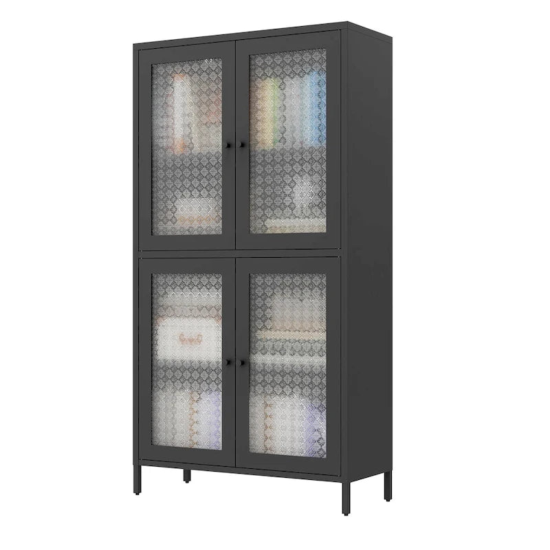 Klassischer Metallschrank, Vitrinenschrank mit 4 Glastüren und 4 Einlegeböden, Bücherschrank, Seitenschrank