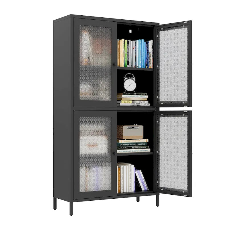 Klassischer Metallschrank, Vitrinenschrank mit 4 Glastüren und 4 Einlegeböden, Bücherschrank, Seitenschrank