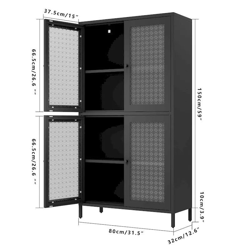 Klassischer Metallschrank, Vitrinenschrank mit 4 Glastüren und 4 Einlegeböden, Bücherschrank, Seitenschrank