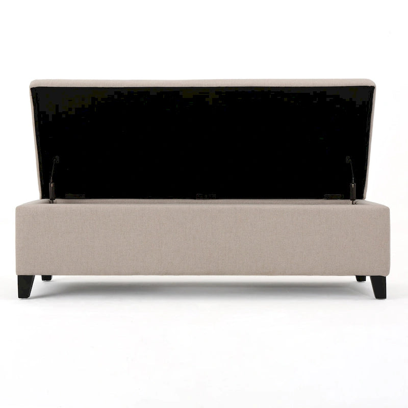 Storage Bench Ottoman, Ivory, 51 Inch Cushioned Seat, Birch Wood Legs