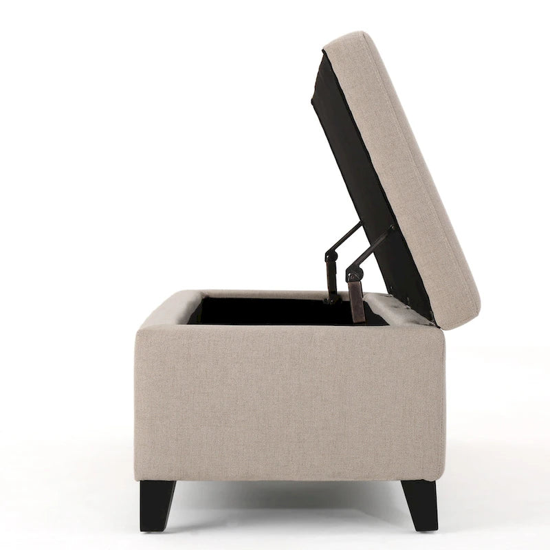 Storage Bench Ottoman, Ivory, 51 Inch Cushioned Seat, Birch Wood Legs