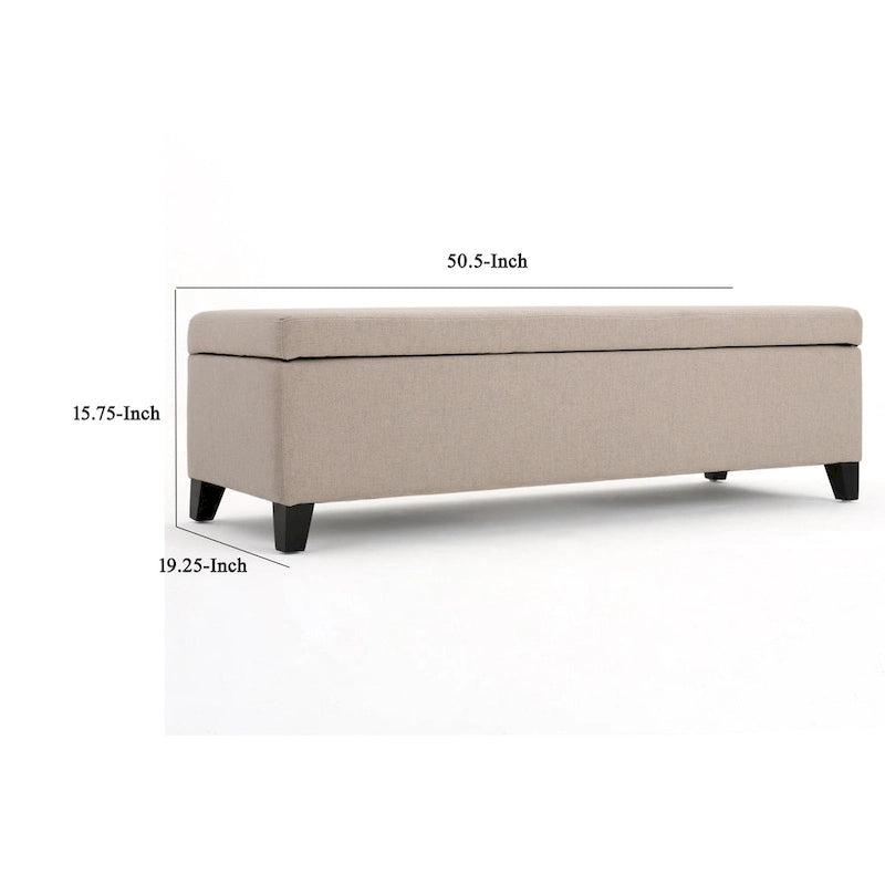 Storage Bench Ottoman, Ivory, 51 Inch Cushioned Seat, Birch Wood Legs