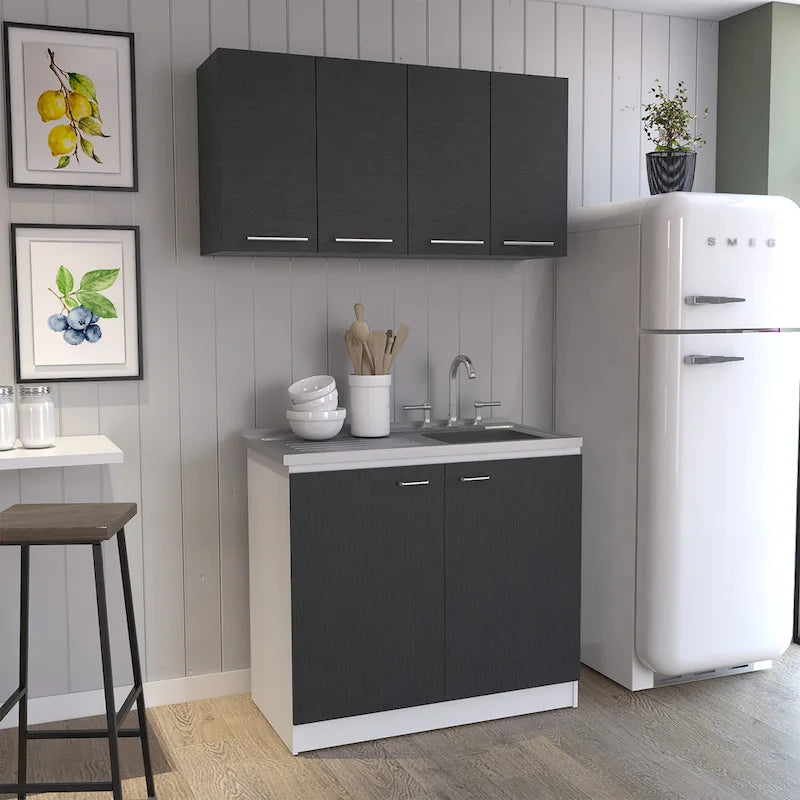 FM Furniture Aztec 2-Piece Kitchen Set with Wall Cabinet and Utility Sink Cabinet, Black/White