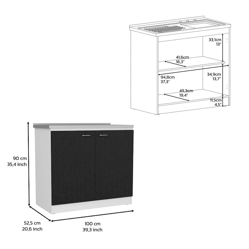 Aztec 2-Piece Kitchen Wall Cabinet & Utility Sink Cabinet, Black/White
