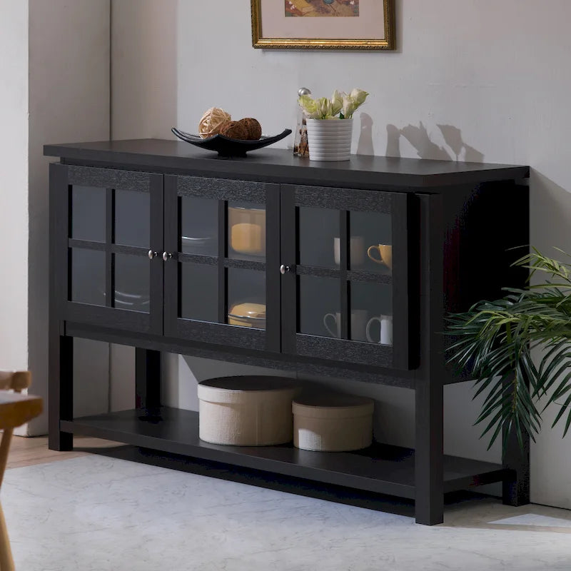 Modernes Landhaus-Buffet mit Fenstersprossen, 59", schwarz oder Walnuss
