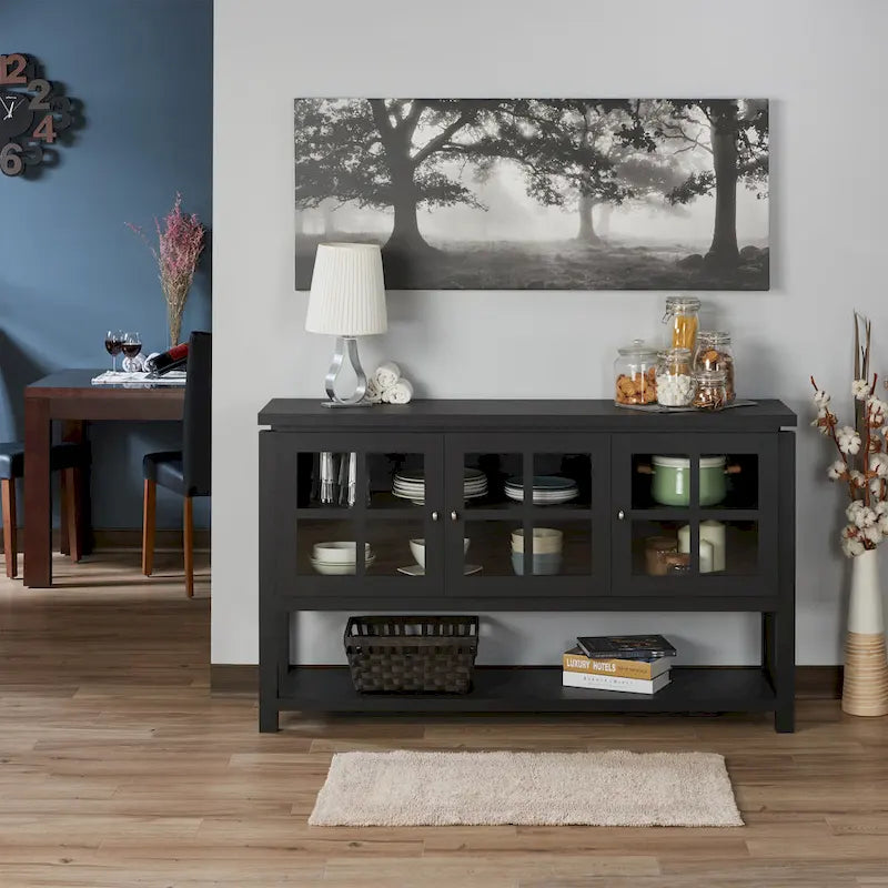 Modernes Landhaus-Buffet mit Fenstersprossen, 59", schwarz oder Walnuss
