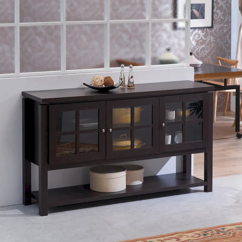 Modernes Landhaus-Buffet mit Fenstersprossen, 59", schwarz oder Walnuss