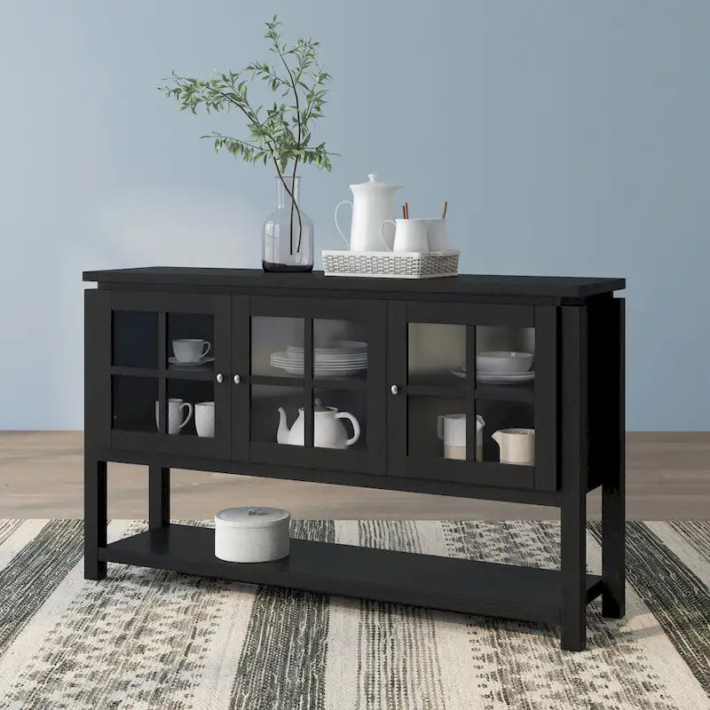 Modernes Landhaus-Buffet mit Fenstersprossen, 59", schwarz oder Walnuss