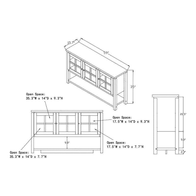 Moderne buffetkast in landelijke stijl van 59" met ruitpatroon, zwart of walnoot
