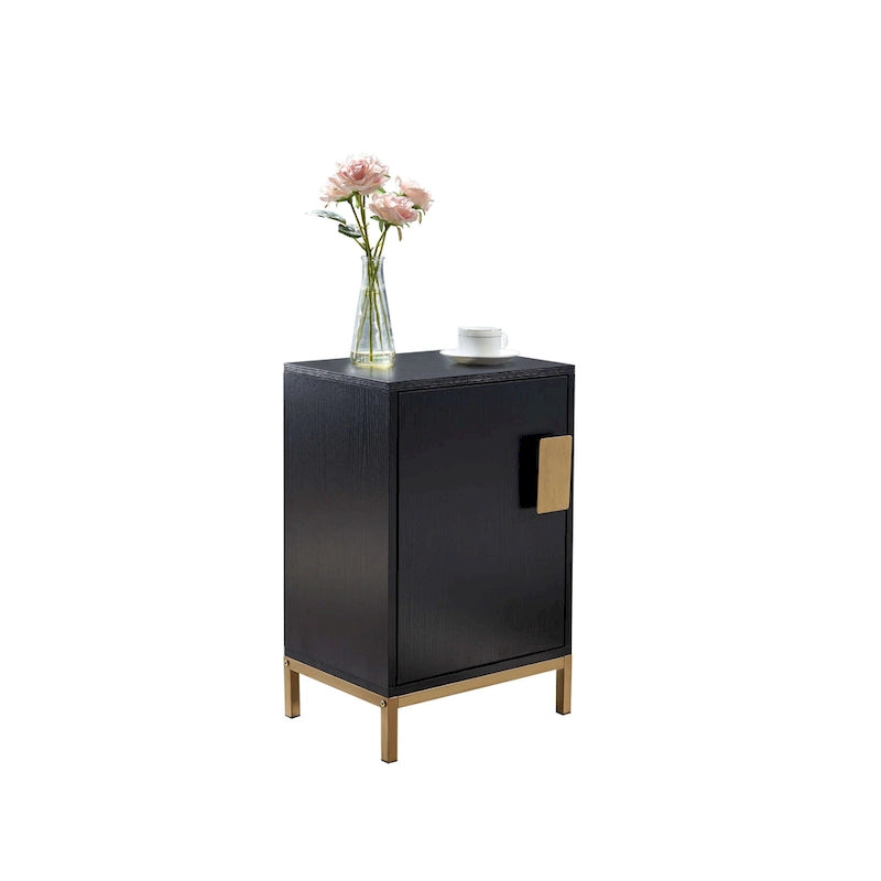 Eleganter Beistellschrank mit schwarzer Eichenoberfläche und goldfarbenen Metallbeinen