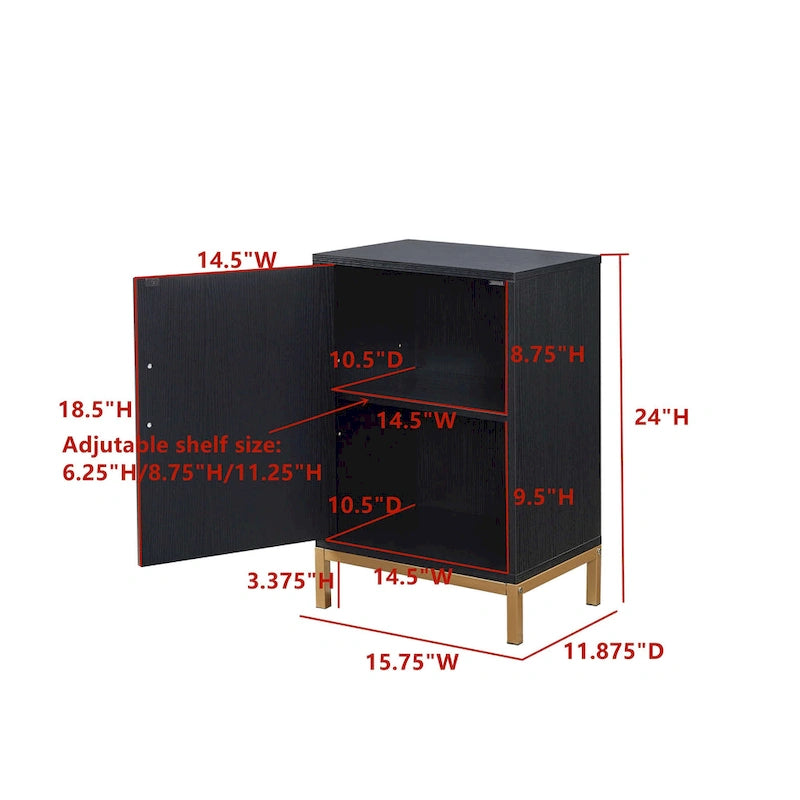 Eleganter Beistellschrank mit schwarzer Eichenoberfläche und goldfarbenen Metallbeinen