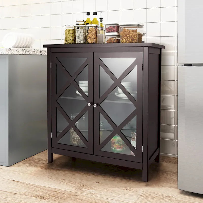 Kitchen Buffet Sideboard Cabinet with Glass Doors & Adjustable Shelf