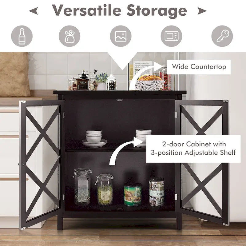 Kitchen Buffet Sideboard Cabinet with Glass Doors & Adjustable Shelf