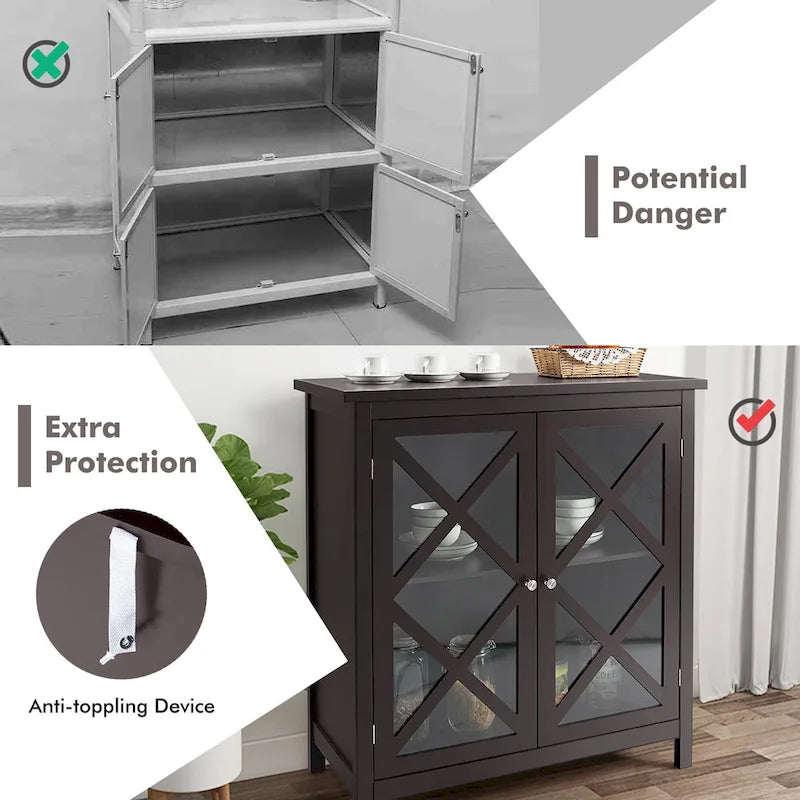Kitchen Buffet Sideboard Cabinet with Glass Doors & Adjustable Shelf