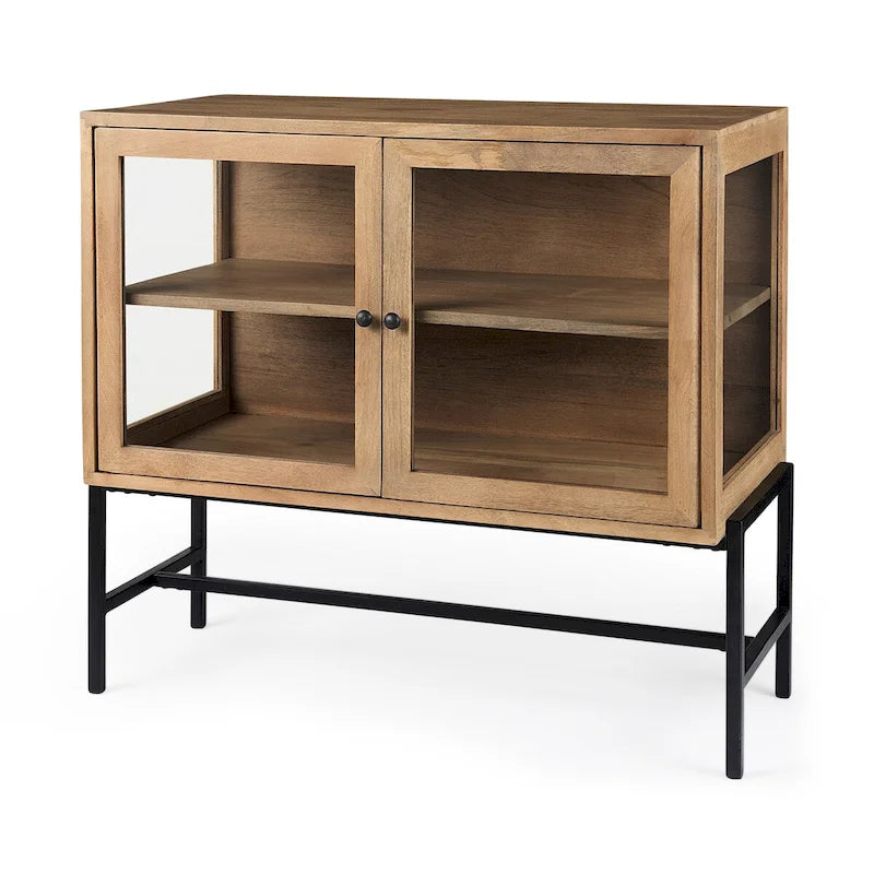 Solid Wood Accent Cabinet with Black Iron Frame & Glass Doors