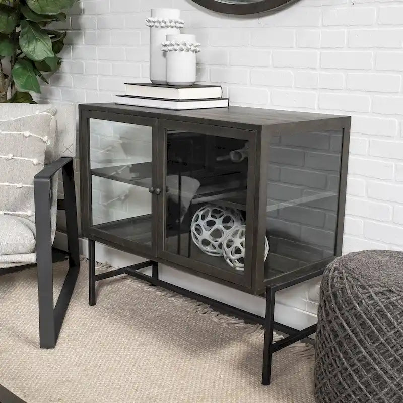 Solid Wood Accent Cabinet with Black Iron Frame & Glass Doors