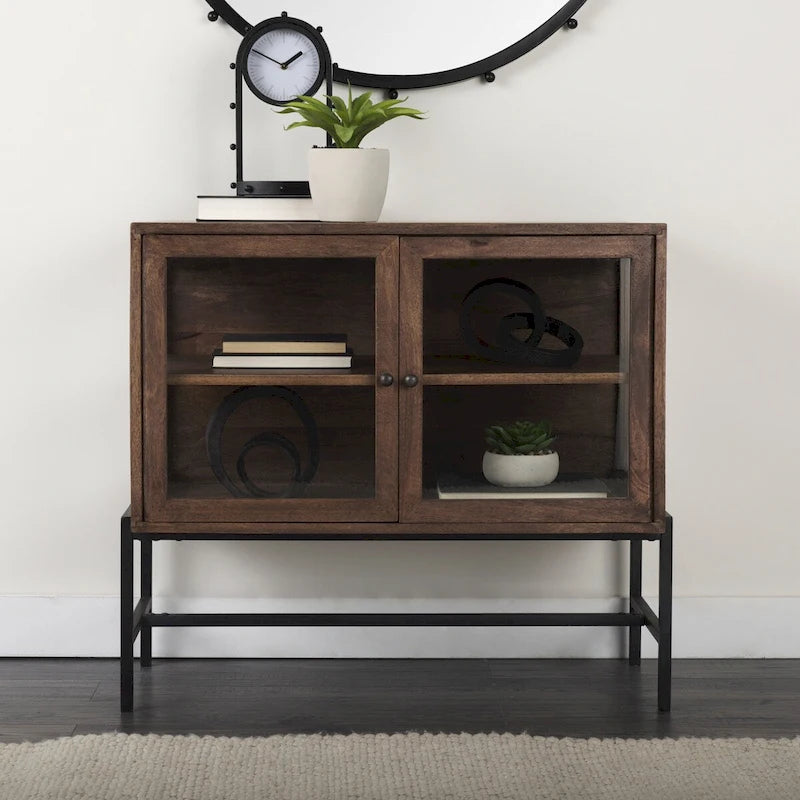 Solid Wood Accent Cabinet with Black Iron Frame & Glass Doors