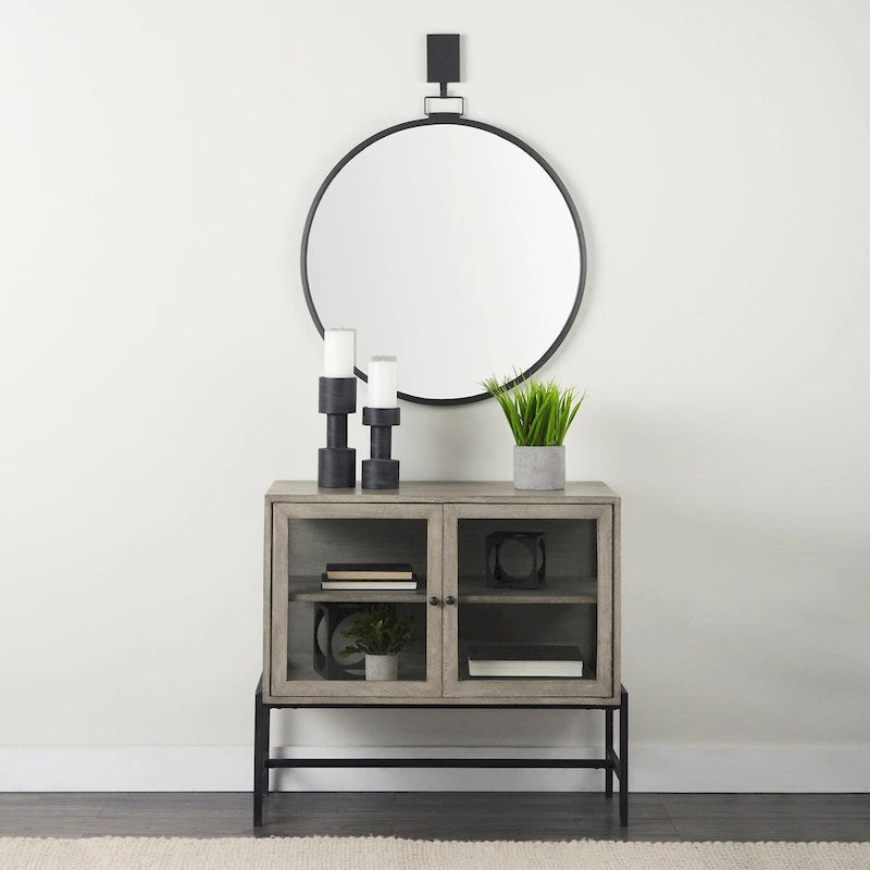 Solid Wood Accent Cabinet with Black Iron Frame & Glass Doors