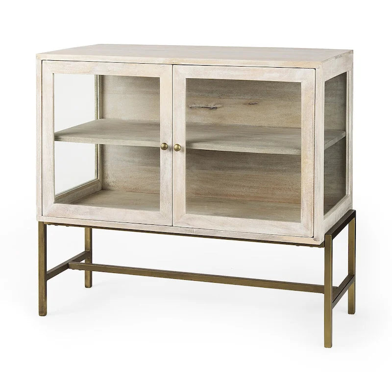 Solid Wood Accent Cabinet with Black Iron Frame & Glass Doors