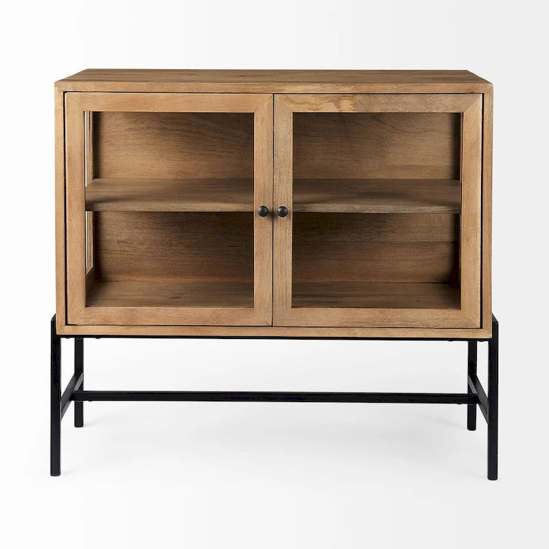 Solid Wood Accent Cabinet with Black Iron Frame & Glass Doors
