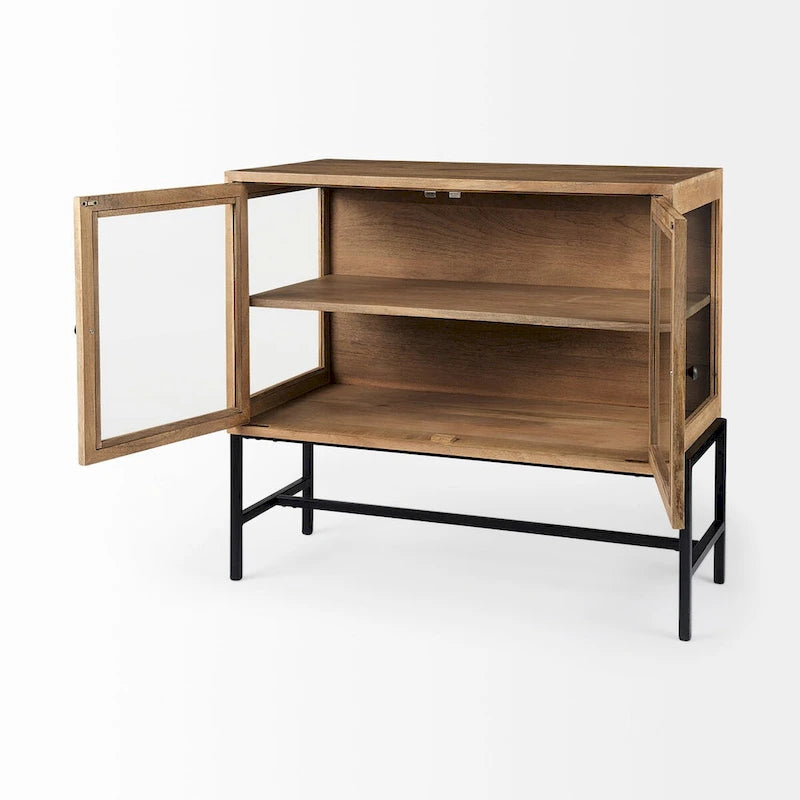 Solid Wood Accent Cabinet with Black Iron Frame & Glass Doors