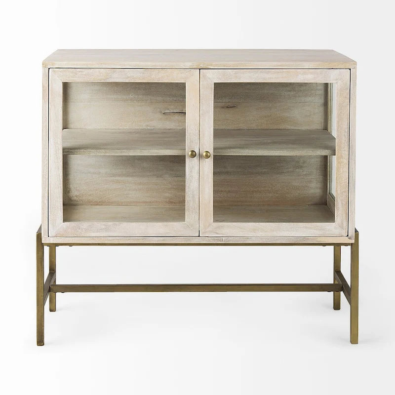 Accentkast van massief hout met zwart ijzeren frame en glazen deuren