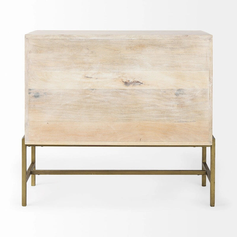 Accentkast van massief hout met zwart ijzeren frame en glazen deuren