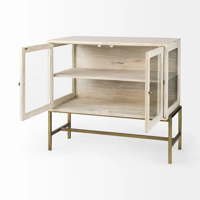 Accentkast van massief hout met zwart ijzeren frame en glazen deuren