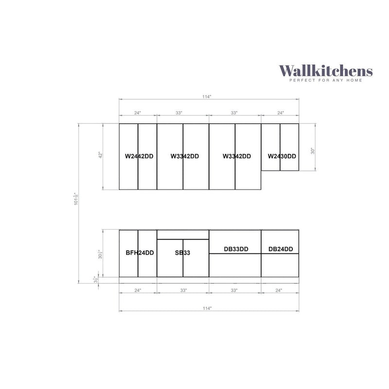 Wit mat keukenmeubel uit de Contemporary-collectie, basismodel van 9.5Ft breed - 114x24