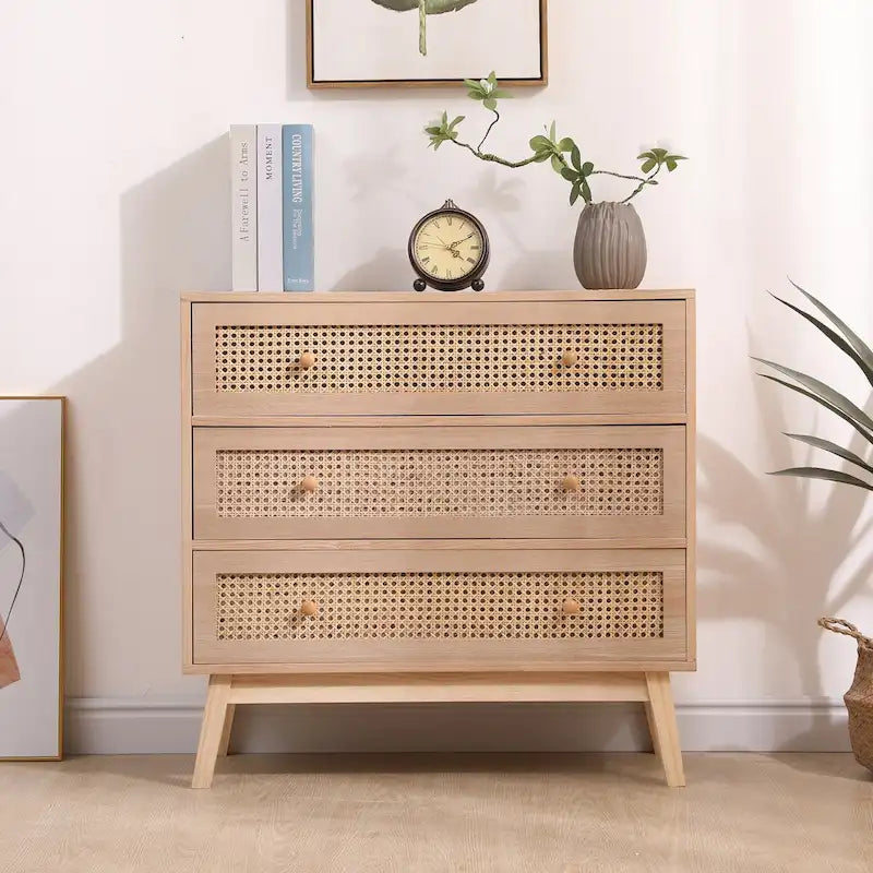 31.5 Rattan-Aufbewahrungsschrank mit 3 Schubladen, Rattan-Schublade, für Schlafzimmer und Wohnzimmer, Natur