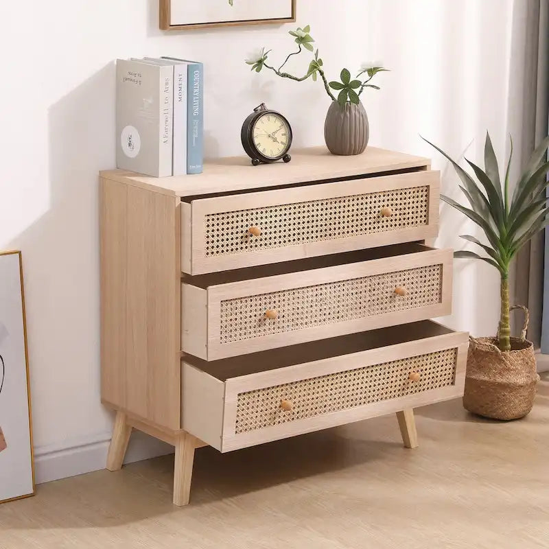 31.5 Rattan-Aufbewahrungsschrank mit 3 Schubladen, Rattan-Schublade, für Schlafzimmer und Wohnzimmer, Natur