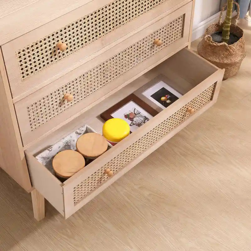 31.5 Rattan-Aufbewahrungsschrank mit 3 Schubladen, Rattan-Schublade, für Schlafzimmer und Wohnzimmer, Natur