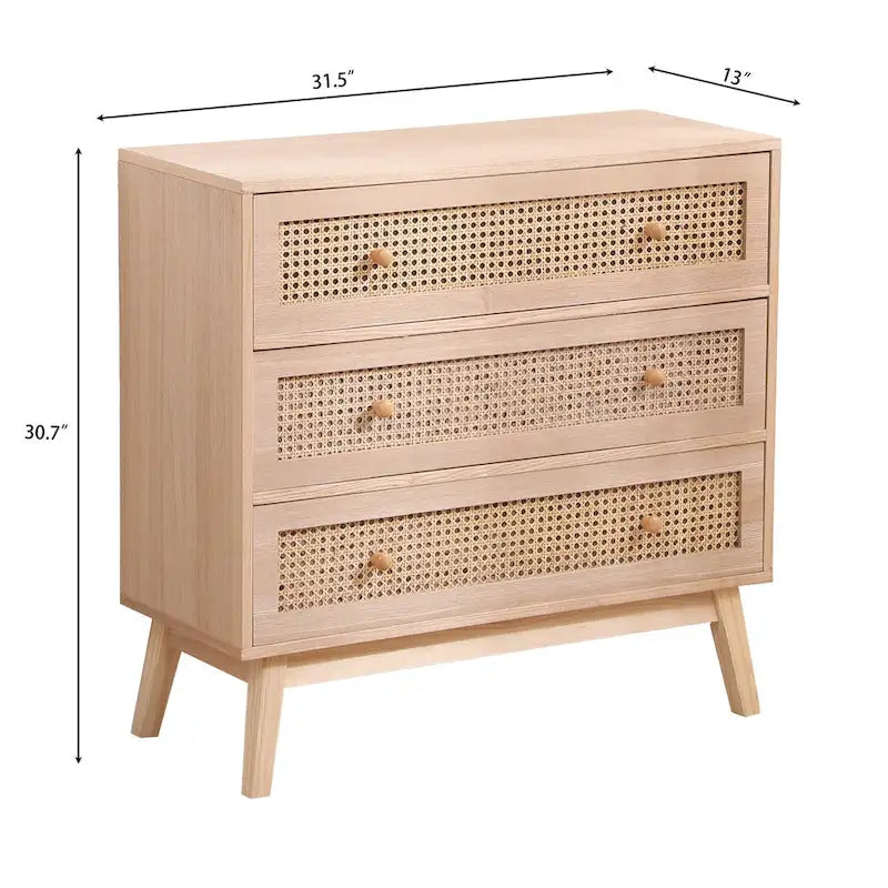 31.5 Rattan-Aufbewahrungsschrank mit 3 Schubladen, Rattan-Schublade, für Schlafzimmer und Wohnzimmer, Natur