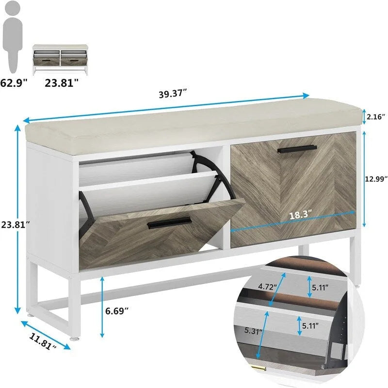 Shoe Storage Bench with Seat Cushion - 11.81D x 39.37W x 23.62H