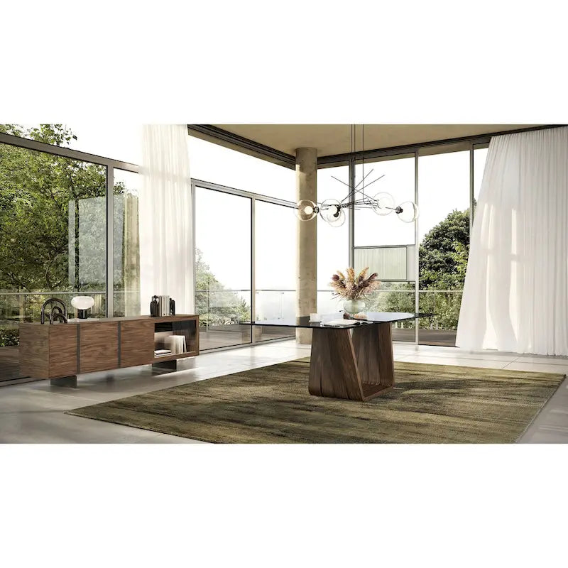 Modernes Buffet aus Walnussholz und grauem Glas