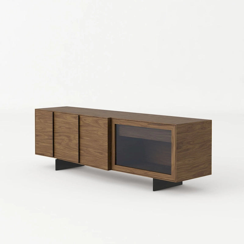 Modernes Buffet aus Walnussholz und grauem Glas
