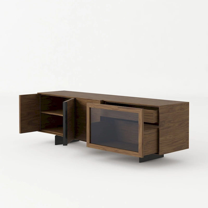Modernes Buffet aus Walnussholz und grauem Glas