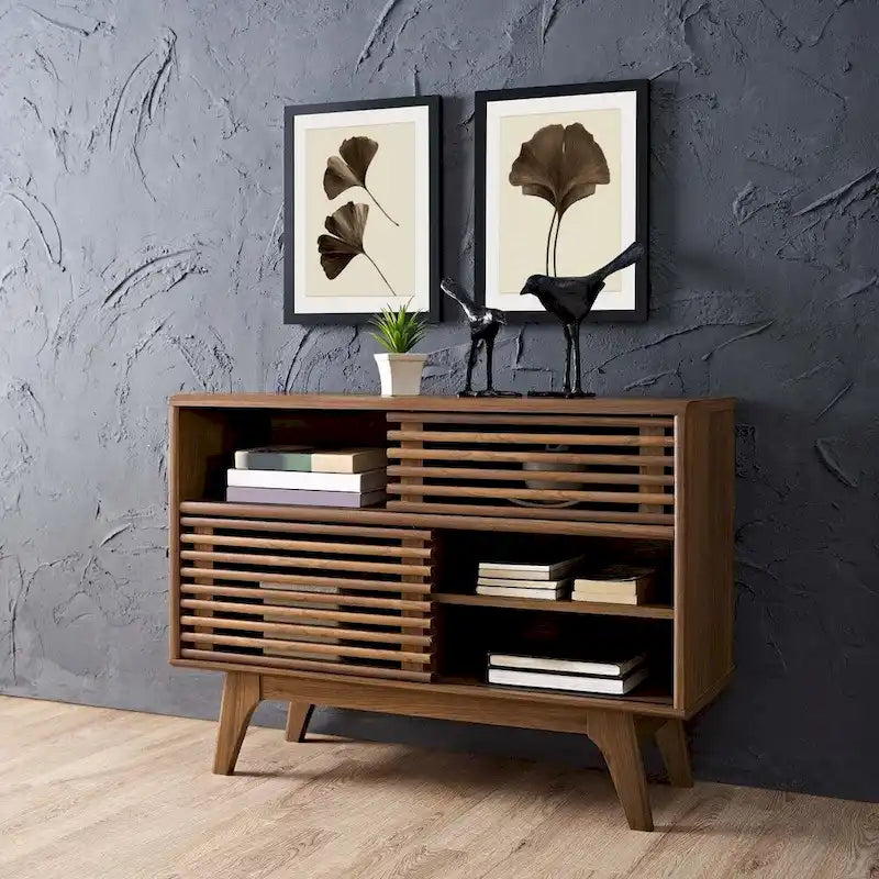 Mid-Century Display Stand with Slatted Sliding Doors