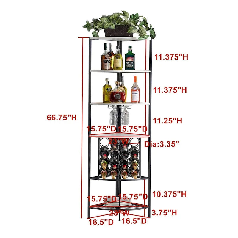 Eck-Weinregal mit 4 Holzböden, 2 Glashalterungen und Draht-Weinregal