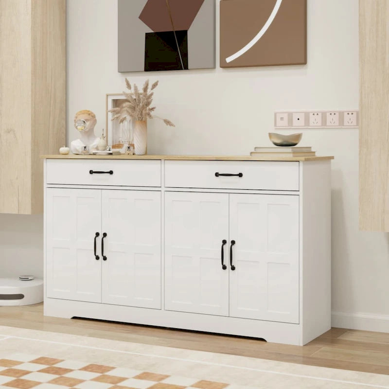 55.91 großer Landhaus-Buffetschrank, Sideboard mit 2 Schubladen und 4 Türen für Esszimmer, Wohnzimmer und Küche, weiß