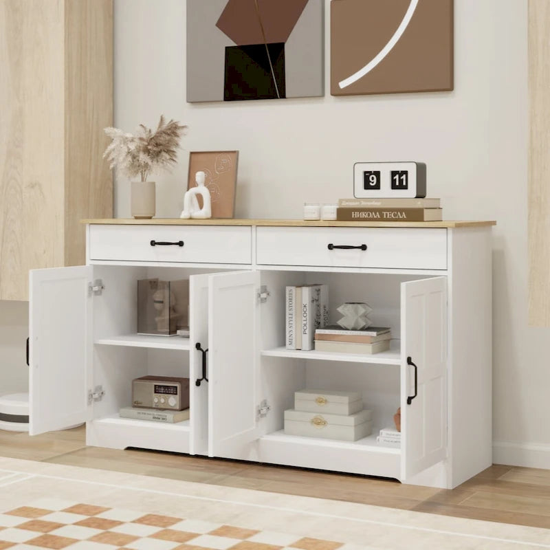 55.91 großer Landhaus-Buffetschrank, Sideboard mit 2 Schubladen und 4 Türen für Esszimmer, Wohnzimmer und Küche, weiß