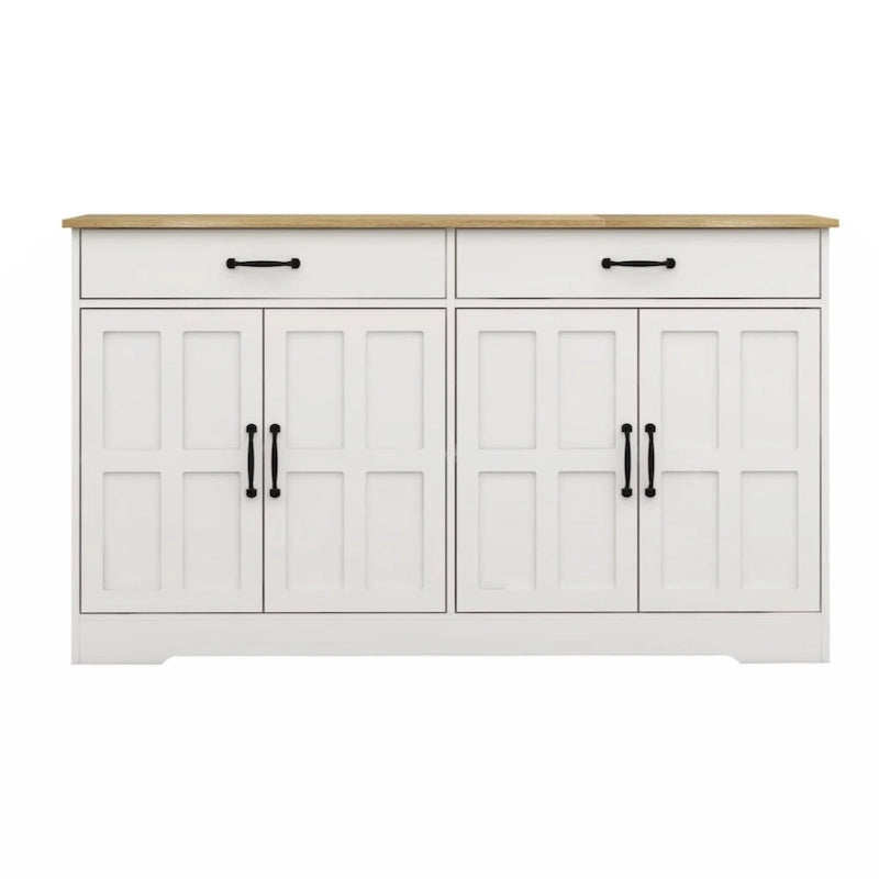 55.91 großer Landhaus-Buffetschrank, Sideboard mit 2 Schubladen und 4 Türen für Esszimmer, Wohnzimmer und Küche, weiß
